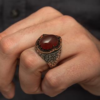 Akik Taşlı Kakma Oyma Motif 925 Gümüş Erkek Yüzük