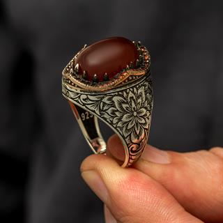 Akik Taşlı Kakma Oyma Motif 925 Gümüş Erkek Yüzük
