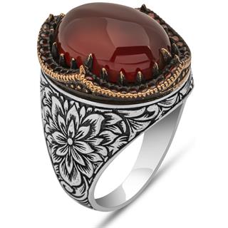 Akik Taşlı Kakma Oyma Motif 925 Gümüş Erkek Yüzük