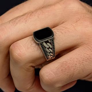 Akik Taşlı Kare Gurmet Model 925 Erkek Gümüş Yüzük