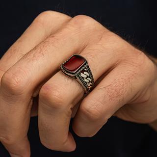 Akik Taşlı Kare Gurmet Model 925 Erkek Gümüş Yüzük