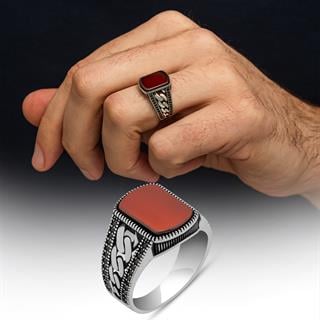 Akik Taşlı Kare Gurmet Model 925 Erkek Gümüş Yüzük