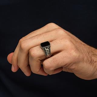 Akik Taşlı Kare Gurmet Model 925 Erkek Gümüş Yüzük