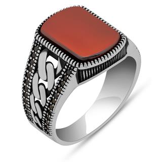 Akik Taşlı Kare Gurmet Model 925 Erkek Gümüş Yüzük