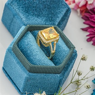 Altın Kaplama Sitrin Taşlı Gümüş Bayan Baget Yüzük