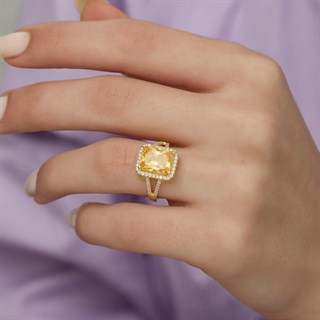 Altın Kaplama Sitrin Taşlı Gümüş Bayan Baget Yüzük