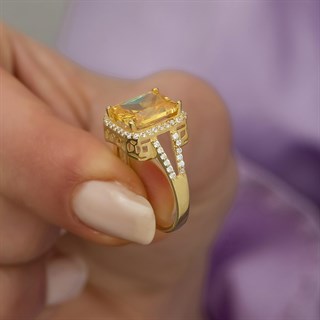 Altın Kaplama Sitrin Taşlı Gümüş Bayan Baget Yüzük