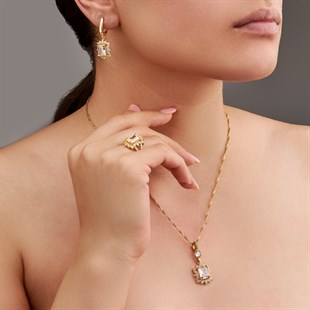 Altın Kaplama Zirkon Taşlı Baget Gümüş Bayan Takı Seti