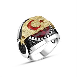 Ay Yıldız Kırmızı Taşlı 925 Gümüş Erkek Yüzük