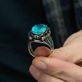 Aqua Mavi Paraiba Oval 925 Gümüş Erkek Yüzük