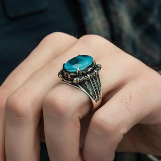 Aqua Mavi Paraiba Oval 925 Gümüş Erkek Yüzük