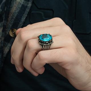 Aqua Mavi Paraiba Oval 925 Gümüş Erkek Yüzük