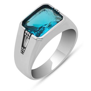 Aqua Mavi Taşlı 925 Gümüş Erkek Yüzük