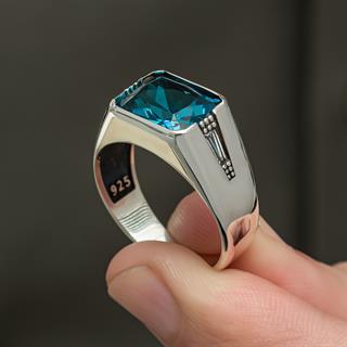 Aqua Mavi Taşlı 925 Gümüş Erkek Yüzük