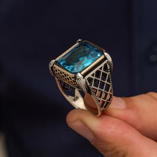 Aqua Mavi Taşlı 925 Gümüş Erkek Yüzük