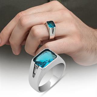 Aqua Mavi Taşlı 925 Gümüş Erkek Yüzük