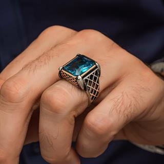 Aqua Mavi Taşlı 925 Gümüş Erkek Yüzük