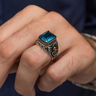 Aqua Mavi Taşlı Kral Tacı Motifli 925 Gümüş Yüzük