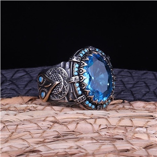 Oval Aqua Taşlı 925 Gümüş Erkek Yüzük