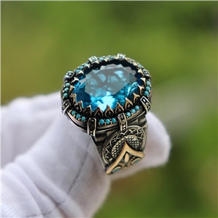 Oval Aqua Taşlı 925 Gümüş Erkek Yüzük