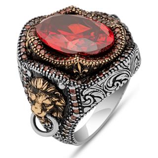 Aslan Başı Kapı Tokmak Modeli Kırmızı Taşlı 925 Gümüş Yüzük