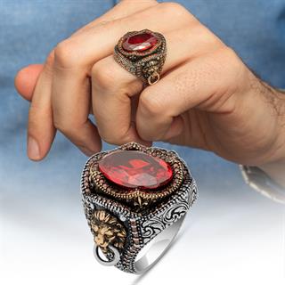 Aslan Başı Kapı Tokmak Modeli Kırmızı Taşlı 925 Gümüş Yüzük
