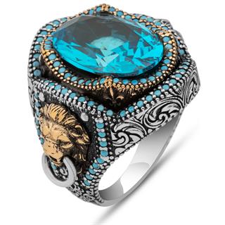 Aslan Başı Kapı Tokmak Modeli Mavi Taşlı 925 Gümüş Yüzük