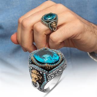 Aslan Başı Kapı Tokmak Modeli Mavi Taşlı 925 Gümüş Yüzük