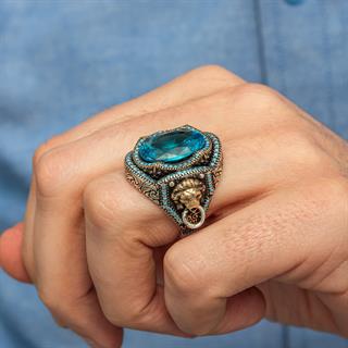 Aslan Başı Kapı Tokmak Modeli Mavi Taşlı 925 Gümüş Yüzük