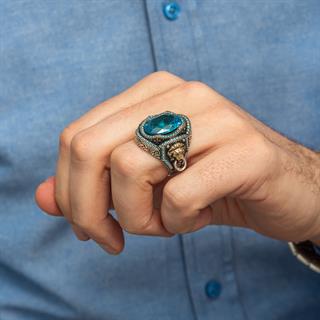 Aslan Başı Kapı Tokmak Modeli Mavi Taşlı 925 Gümüş Yüzük