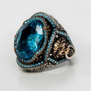 Aslan Başı Kapı Tokmak Modeli Mavi Taşlı 925 Gümüş Yüzük