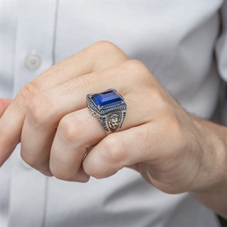 Aslan Başı Motifli Parlament Mavi Taşlı 925 Gümüş Erkek Yüzük