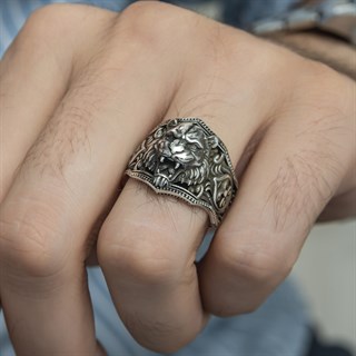 Aslan Başı Motifli Taşsız 925 Gümüş Erkek Yüzük