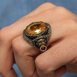 Aslan Kapı Tokmak Modeli Sarı Taşlı 925 Gümüş Yüzük