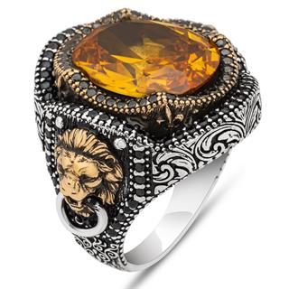 Aslan Kapı Tokmak Modeli Sarı Taşlı 925 Gümüş Yüzük