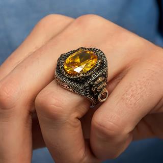 Aslan Kapı Tokmak Modeli Sarı Taşlı 925 Gümüş Yüzük