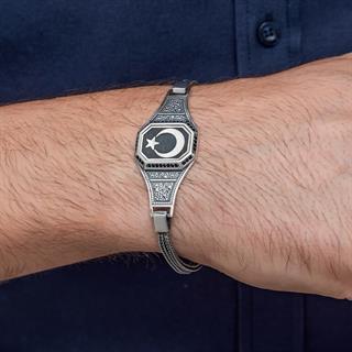 Ayyıldız Desenli 925 Ayar Gümüş Erkek Bileklik 