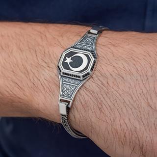 Ayyıldız Desenli 925 Ayar Gümüş Erkek Bileklik 
