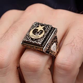 Ayyıldız Desenli İsimli 925 Gümüş Erkek Yüzük