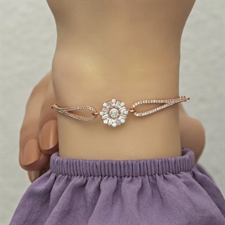 Baget Taşlı Çiçek Motifli Rose Gümüş Bayan Bileklik