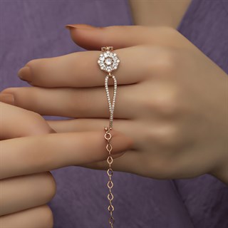 Baget Taşlı Çiçek Motifli Rose Gümüş Bayan Bileklik