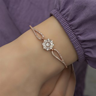 Baget Taşlı Çiçek Motifli Rose Gümüş Bayan Bileklik