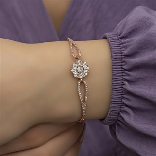 Baget Taşlı Çiçek Motifli Rose Gümüş Bayan Bileklik