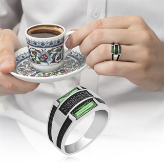 Baget Yeşil Taşlı 925 Gümüş Erkek Yüzük