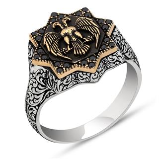 Çift Başlı Kartal Motifli 925 Gümüş Erkek Yüzük