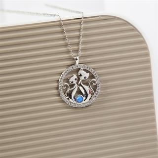 Çift Kedi Modeli Rodyum Kaplama 925 Gümüş Kadın Kolye