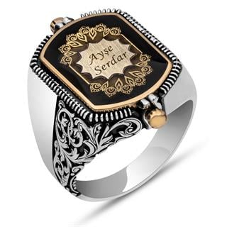 Çift Taraflı İsimli Siyah Mineli 925 Gümüş Erkek Yüzük