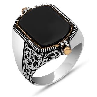 Çift Taraflı İsimli Siyah Mineli 925 Gümüş Erkek Yüzük