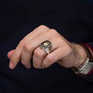 Çift Taraflı İsimli Siyah Mineli 925 Gümüş Erkek Yüzük