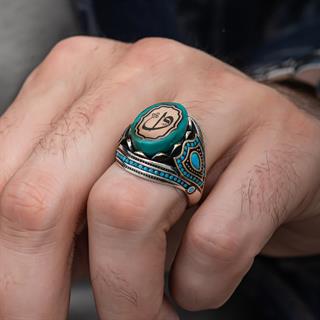 Elif Vav Harfli Mavi Taşlı 925 Gümüş Erkek Yüzük